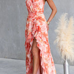 Halter V Neck Backless Floral Print Ruffle Slit Maxi Dress