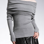 Margovil Off Shoulder Long Sleeves Ribbed Knit Sweater
