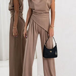 Margovil Ruched Asymmetrical Top and Wide Leg Pants Set