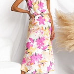 Mockneck Sleeveless Floral Print Satin Maxi Dress