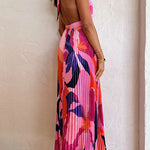 Margovil Halter Backless Cut Out Printed Maxi Pleated Dress