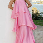 Margovil Adjustable Strap Ruffle Layered Satin Maxi Dress