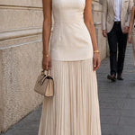 Boat Neck Sleeveless Splice Pleated Maxi Dress