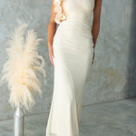 Ruffle Slant Shoulder Cut Out Waist Bodycon Maxi Dress