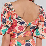 Puff Sleeves Back Cut Out Floral Print Crop Top