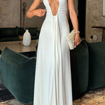 Deep V Neck Halter Backless Draped Maxi Party Dress