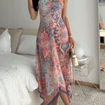 Halter Neck Open Back Floral Print Maxi Dress