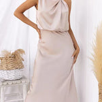 High Neck Sleeveless Waisted Satin Midi Dress