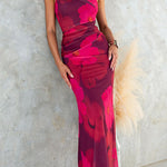 One Shoulder Floral Print Mesh Bodycon Maxi Dress