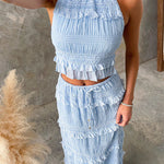 Margovil Frill Trim Halter Backless Crop Top and Drawstring Waist Maxi Skirt Set