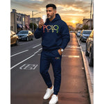 KZZ Men's Polo Pattern Print Hoodie and Drawstring Sweatpants Set