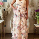 Strapless Floral Print Ruffle Layered Maxi Dress