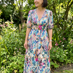 Candlia | Puff Sleeve V Neck Abstract Print Midi Dress