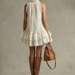 Vacation Retro Beige Lace Sleeveless Ruffled Mini Dress