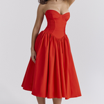 Strapless Corset Pleated Hem Prom Party Midi Dresses-Red