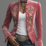 Western-style Stand-up Collar Single-breasted Floral Embroidered Velvet Jacket