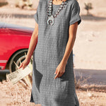 Short Sleeve Pure Color Split Crew Neck Basic Loose Fit Midi Dress