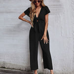 Jumpsuit Wide Leg Casual Short Sleeve Solid Color Bowknot V Neck Jumpsuit