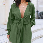 Long Sleeve Front Ties V Neck Shorts Jumpsuit