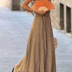 Retro Unique Striped Print Ruched Slit Linen Maxi Dress