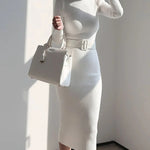 Elegant Turtleneck Sweater Dress Slim-fitting Belted Knee-length Knitted Dress