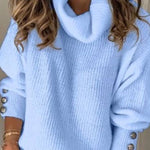 High-neck button-decorated loose knit sweater