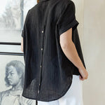 Short Sleeve V-Neck Shirt Button Down Back Irregular Hem T-Shirt Tops