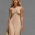 Women's Taupe Stretch Jersey Dress With Halter Neck & Keyhole Cutout, Timeless Effortless-Boho Style Dress