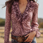Pink Leopard Chiffon With Ruffled Lace V-neck Long-sleeved Shirt