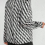 Long Sleeves Loose Contrast Color Pleated Printed Split-Joint Mock Neck Blouses&Shirts Tops