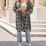 Nadorine Plaid Longline Button-Up Shacket Lapel Neck Long Sleeve Shirt Pocket