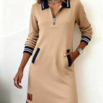 Dorellia | Casual Long Sleeve Dress with Zip Closure, Brown