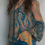 Bohemian Teal & Amber Paisley Chiffon Blouse With Ruffled Cuffs