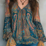 Bohemian Teal & Amber Paisley Chiffon Blouse With Ruffled Cuffs