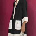 A-Line Loose Buttoned Contrast Color Pockets Stand Collar Mini Dresses