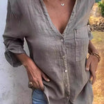 Linen Blend Solid Color V-neck Casual Pocket Shirt
