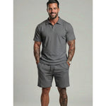KZZ Men's Solid Polo Shirt & Drawstring Waist Shorts Set