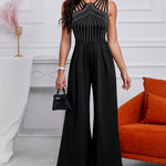 Rhinestone Decor Multi Spaghetti Straps Ruched Overalls Casual Zipper Back Wide Leg Jumpsuit