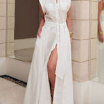 Cap Sleeve Loose Buttoned Solid Color Split-Side Tied Waist Maxi Dresses Shirt Dress