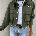 High Neck Zip Up Snap Button Front Flap Pockets Design Cargo Biker Jacket Casual Drawstring Crop Coat