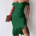 Women's Cold Shoulder Adjustable Pearls Straps Bodycon Dress Cowl Neck Asymmetrical Ruffle Hem Party Dress