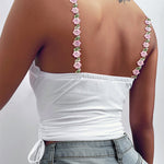 CHICME Women's Sleeveless Lace Cami Top Floral Straps Ruched Drawstring Side Backless Crop Top