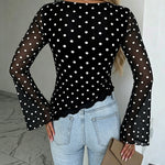 Women's Polka Dot Mesh Top Flare Long Sleeve Boat Neck Lined Asymmetric Frill Hem Blouse Vintage Party Shirt