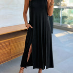 Women's Sleeveless Ribbed Knit Maxi Dress Loose A-Line Slit Tank Dress Casual Lounge Long Dress with Pockets