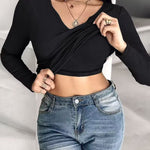 Chicme Built In Bra Notch Neck Long Sleeve Shirts Rib Knit Ruched Waist Top