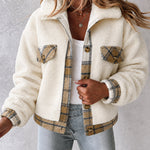 Women's Crop Sherpa Jacket Plaid Trim Fleece Coat Button Down Lapel Fluffy Outerwear