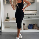 2 Pieces Outfit U-Neck Slit Back Slim Fit Knit Tank Dress and Pearl Button Front Baseball Coat Casual Ribbed Set