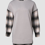 Plaid Print Spliced Long Sleeve Drop Shoulder Sweatshirt Casual Side Slit Top