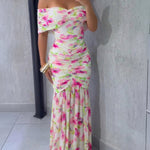 Floral Print Foldover Off Shoulder Ruched Maxi Dress Elegant Mermaid Hem Party Dress