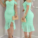 Women's Off Shoulder Mesh Dress Pearls Decor Strap Ruched Bodycon Dress Ruffle Hem Slit Evening Party Dress
